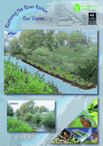 Poster showing the existing river and how it will look after a berm is installed