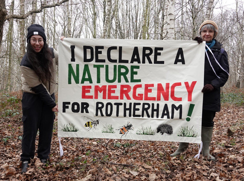Helen Francis of Rotherham Climate Action and Anne from SY Craftivism declare a Nature Emergency for Rotherham