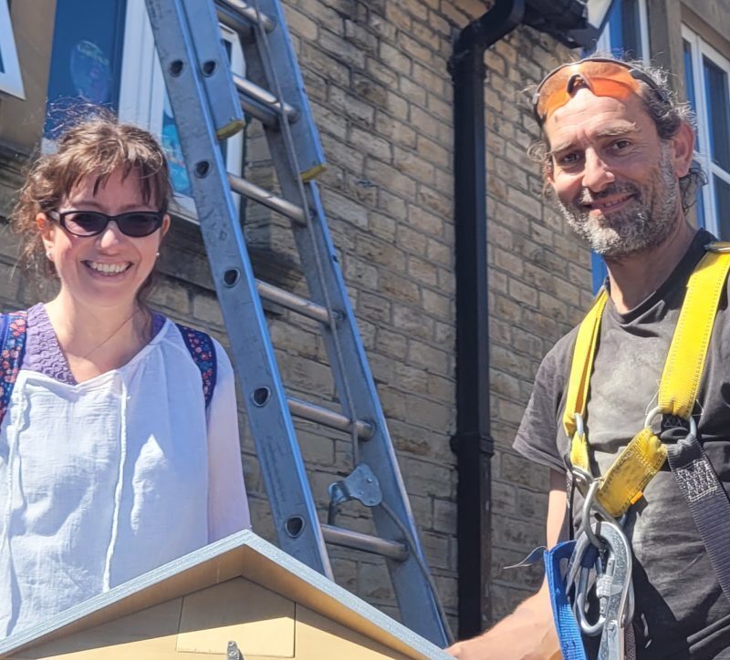 Mel of S6 Swifts and Jan with Swift Nest Box