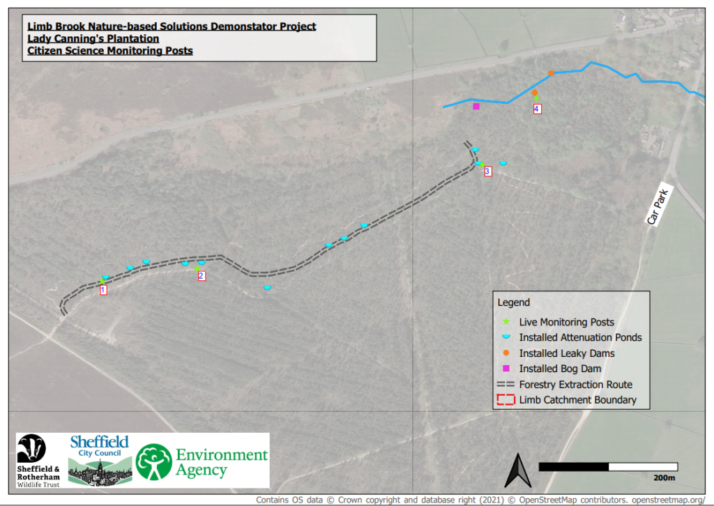A map of the photo monitoring posts at Lady Cannings Plantation, part of the Limb Brook NbS demonstrator