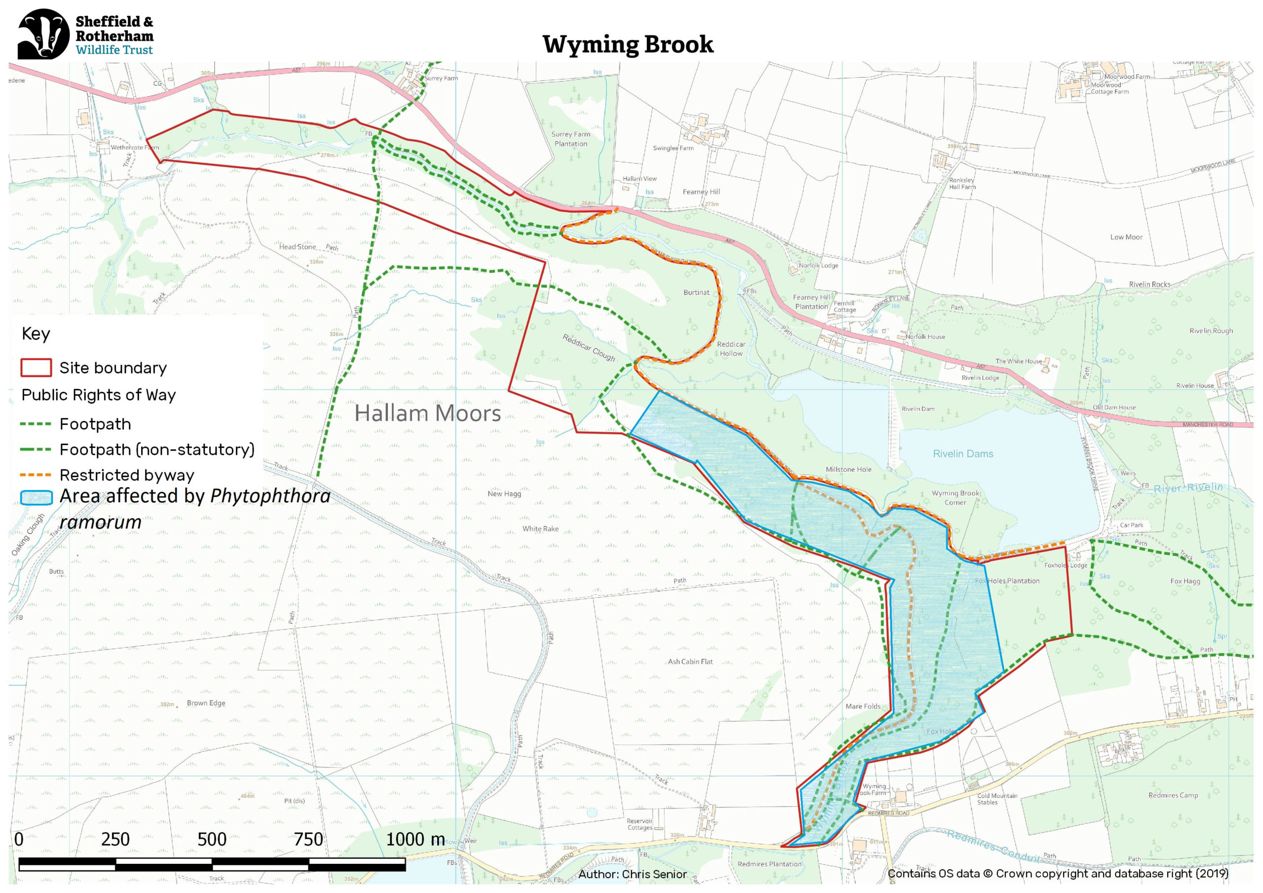 Map of Wyming Brook nature reserve showing footpaths and area for tree works