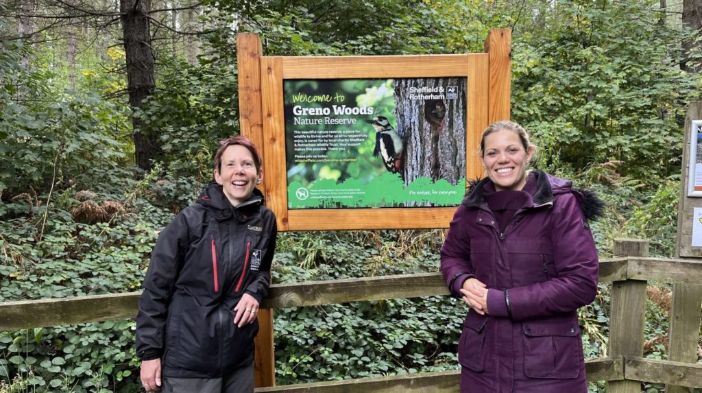 Sheffield & Rotherham Wildlife Trust CEO LIz Ballard and Miriam Cates MP at Greno Woods
