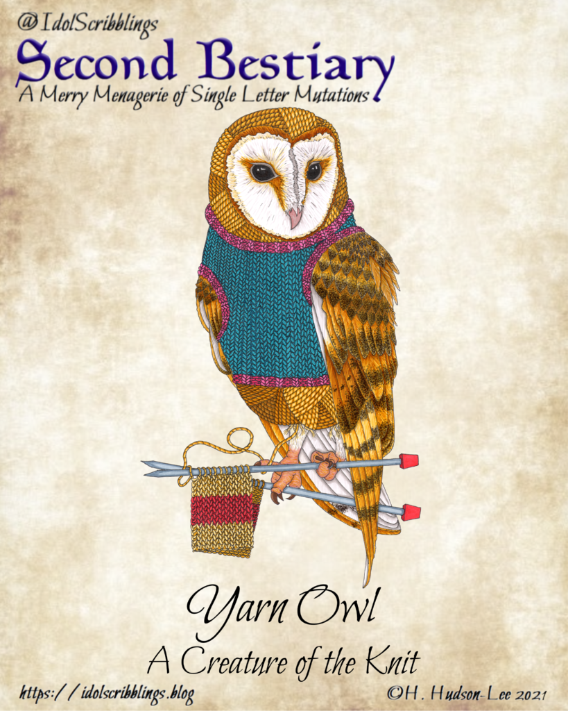 The cover of Hannah's book Second Bestiary, featuring a the Yarn Owl (a creature of the knit).