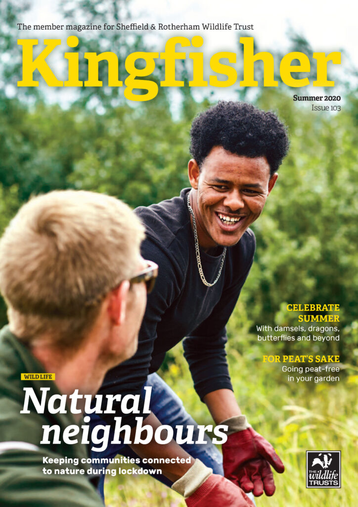 Kingfisher Magazine Cover featuring a large image of smiling people gardening, with the headline 'Natural Neighbours', Issue 103, Summer 2020