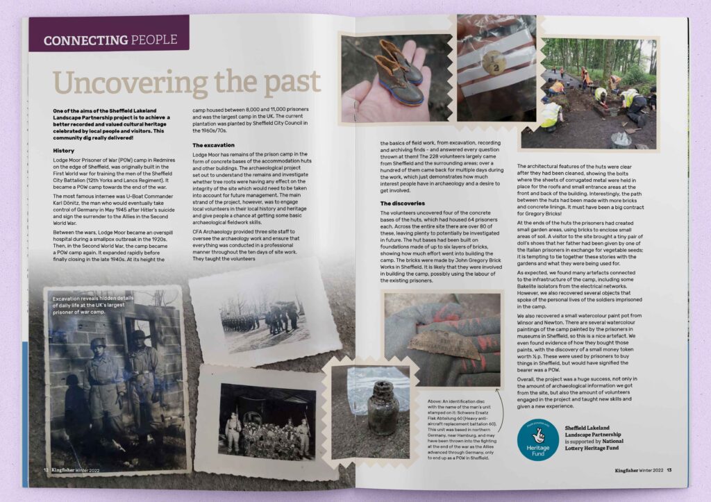 'Uncovering the past' article on archaeology at Lodge Moor Prisoner of War camp commissioned by Sheffield Lakeland Landscape Partnership from Kingfisher Magazine, Winter 2022