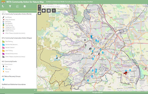 Map 2: The BETA Community Action for Nature Map where community groups and individuals can log the actions they are taking for nature such as tree planting, bird boxes, litter pick and much more. 
