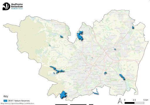 An example map Fiona made for the theme ‘polygon’. The Trust nature reserves, coloured blue, appear to pop out the page.