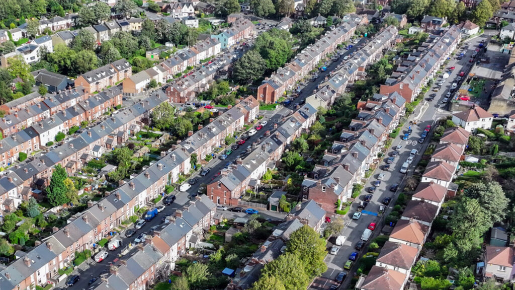 Aerial view of densly populated area with abundant street trees