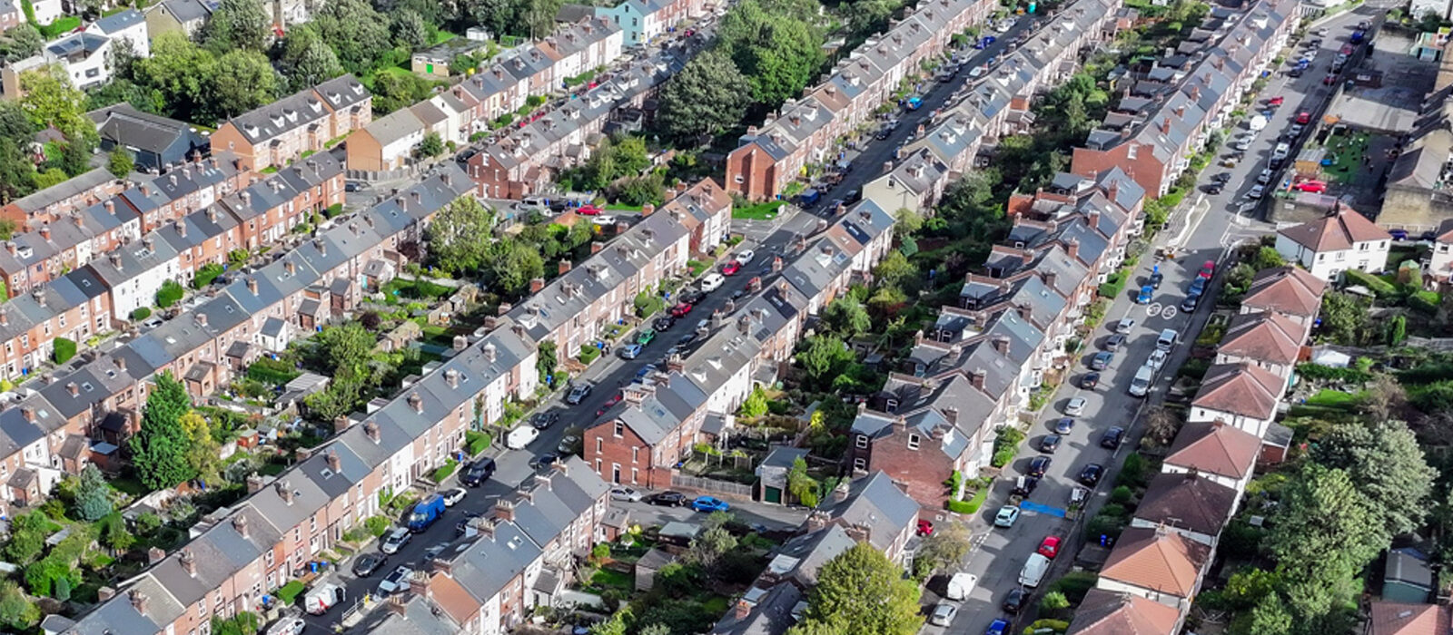 Aerial view of densly populated area with abundant street trees