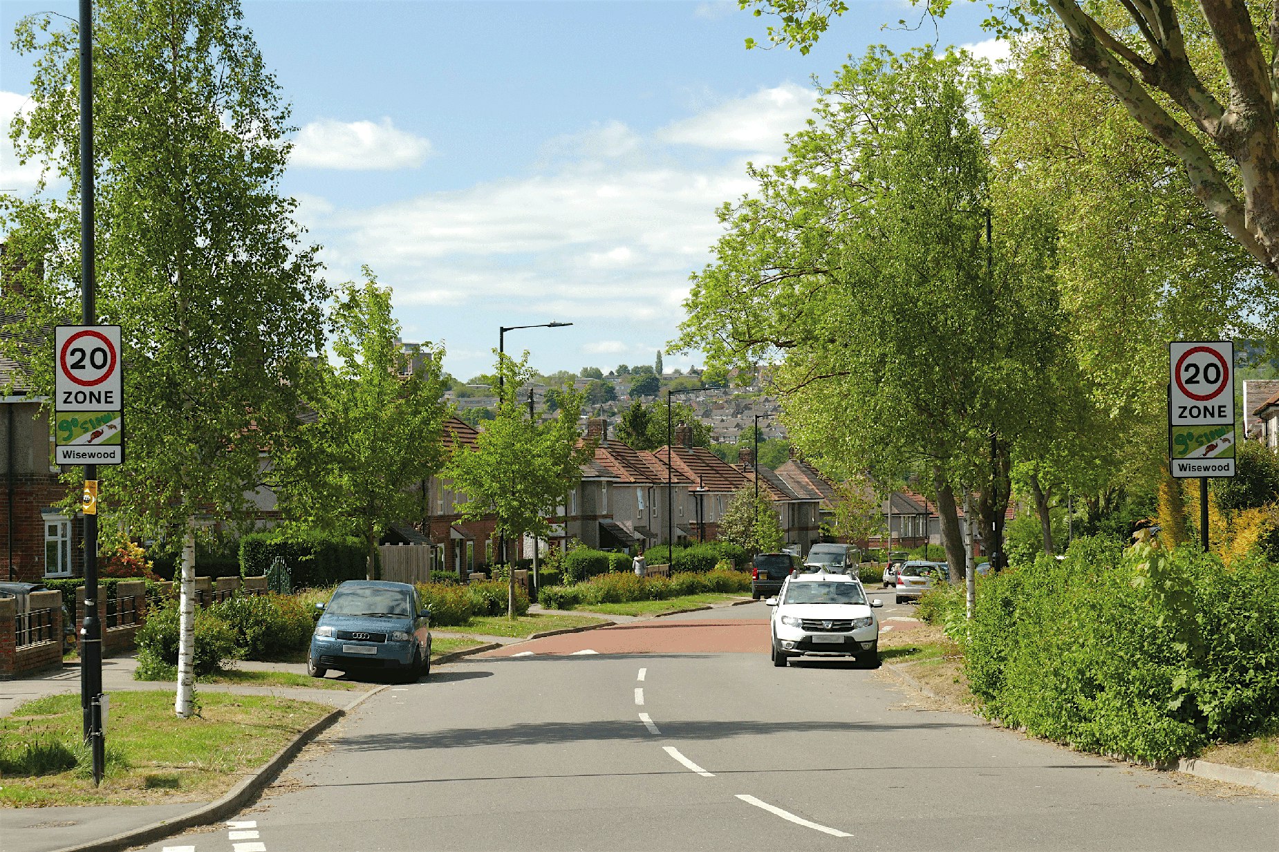 A Sheffield suburban street lined with trees and parked cars. Photo: Sheffield Street Tree Partnership