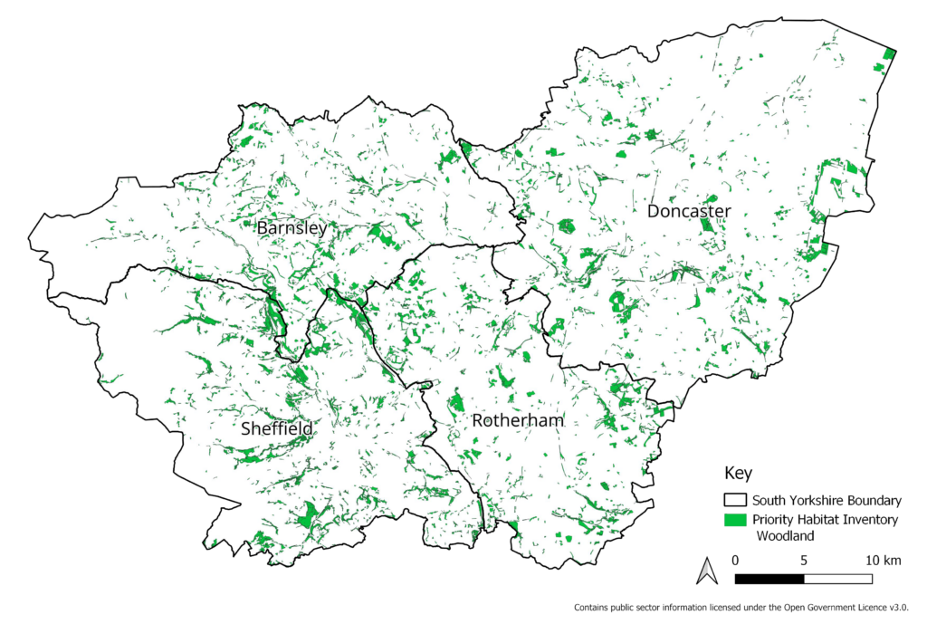 Map of woodland cover in South Yorkshire