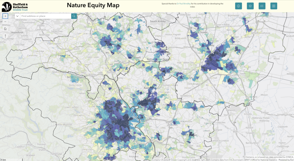 A map of the Sheffield and Rotherham region, showing various shades of blue. The darker the shade, the more inequitable nature access is.