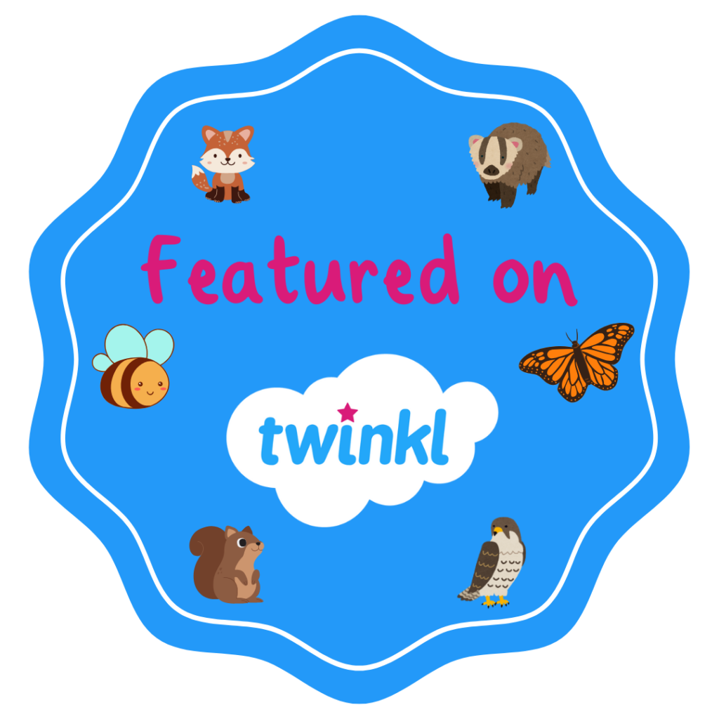 Blue wobbly circle with cartoon images of wildlife. Text reads Featured on Twinkl