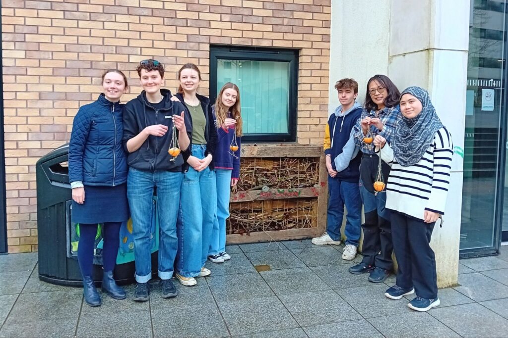 Image shows a group of teenagers holding natural birdfeeders they have made from oranges and string