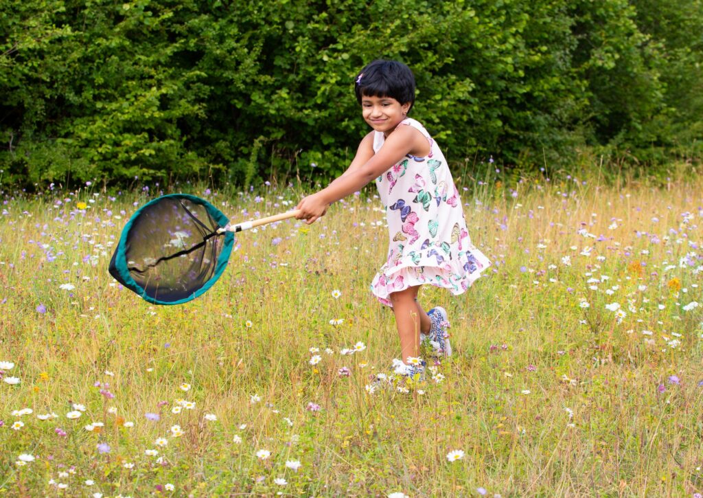 Girl with a butterfly net in a wildflower meadow